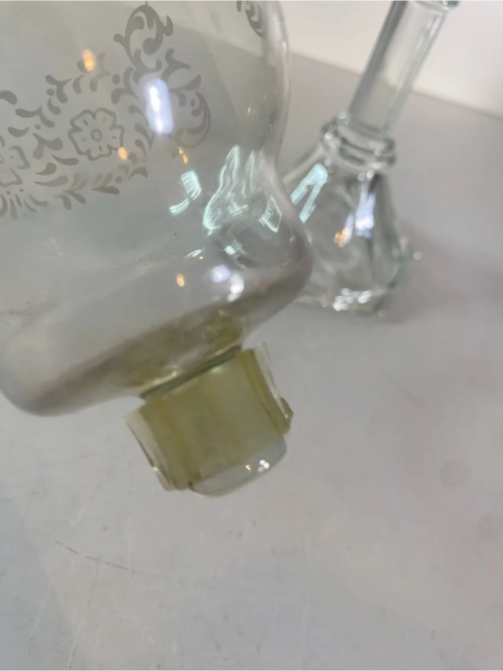 Vintage 2 Piece Clear Glass Etched Floral Votive Cup Candle Holder 12” Height